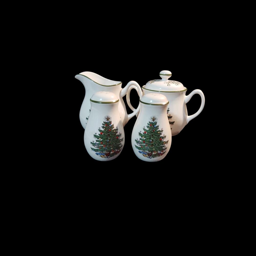 Christmas Tree Covered Sugar Bowl & Creamer Salt Pepper Shakers